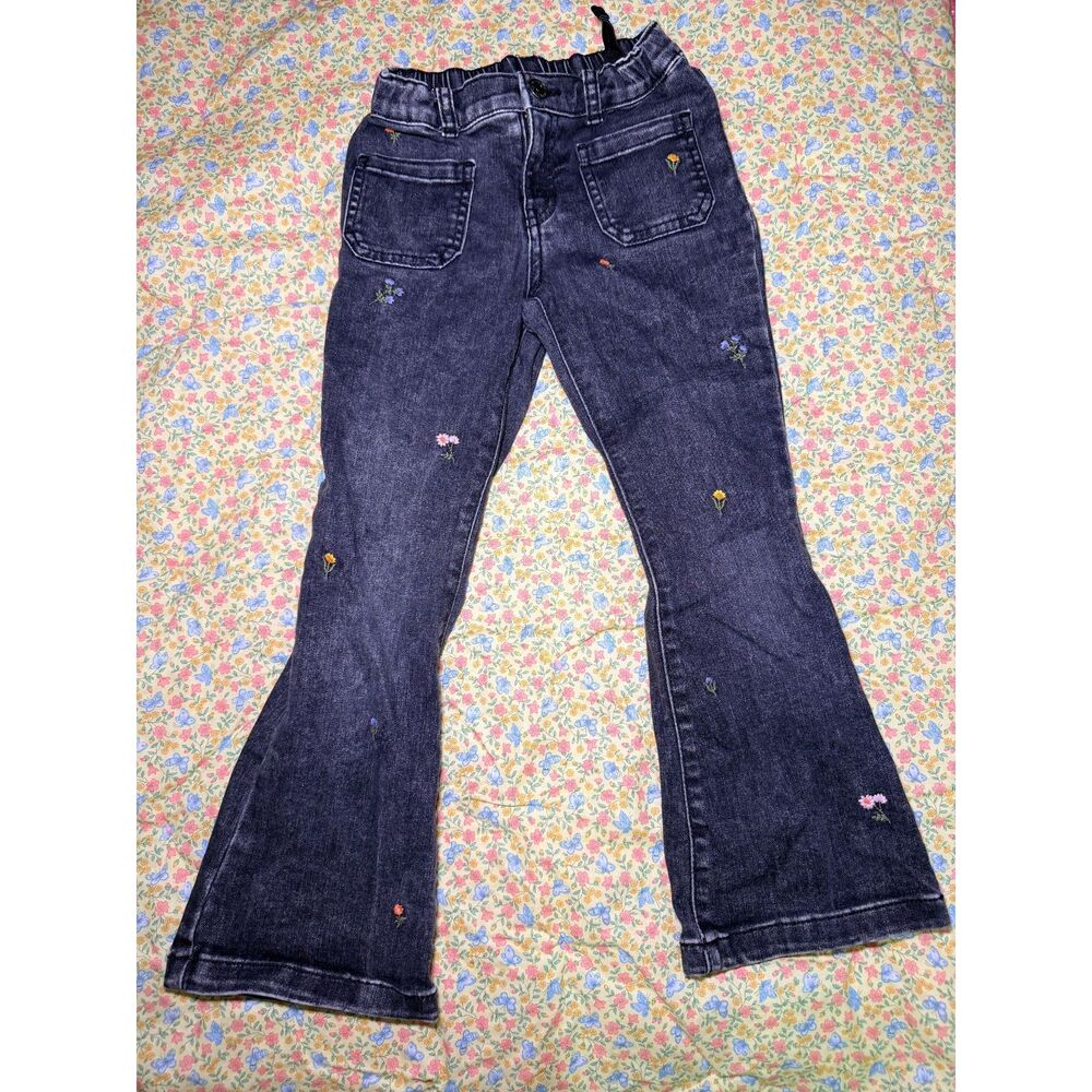 Cat & Jack Girls Black Floral Flare Jeans Size 6